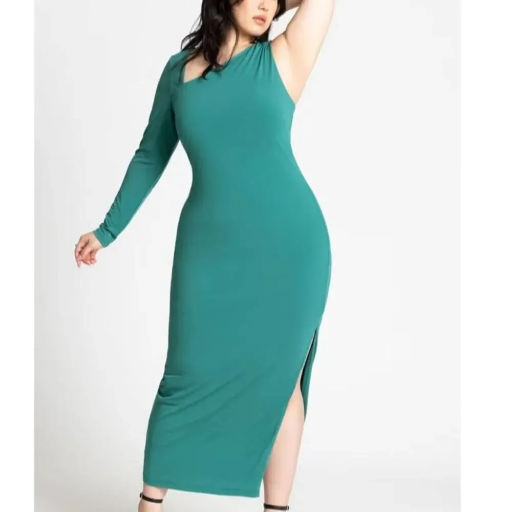 NWT Eloquii Plus Size 20 One Shoulder Maxi Dress with Side Slit in Antique Green